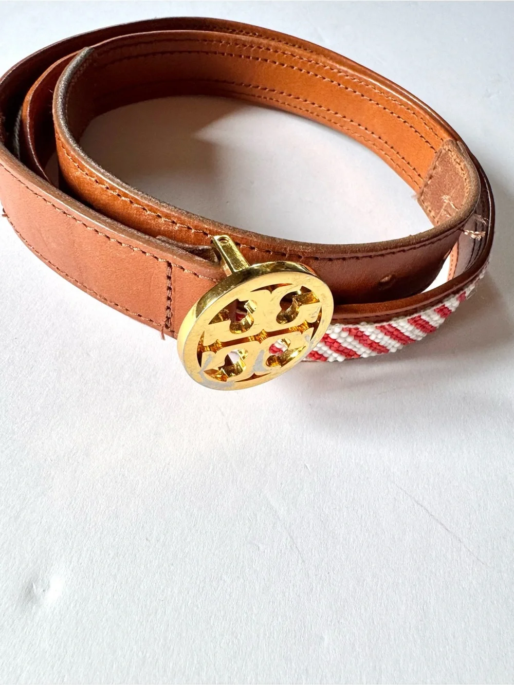 Tory Burch Cognac Leather Beaded Belt with Red and White Beads with TT Buckle XS